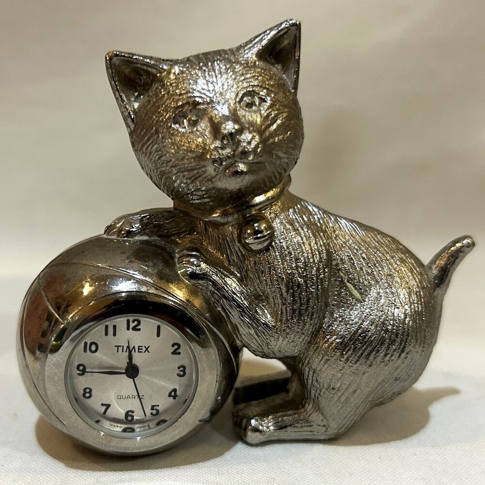 Timex Pewter Cat Miniature Clock Quartz Needs Battery
